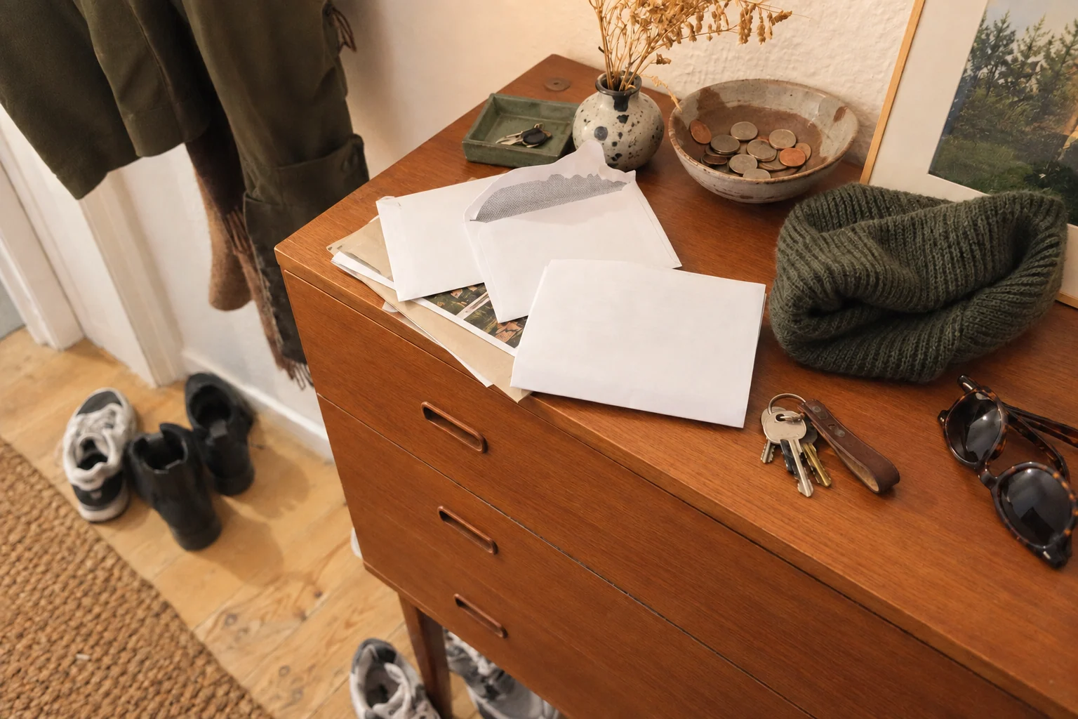 Opened mail, keys and a hat in a Danish hallway