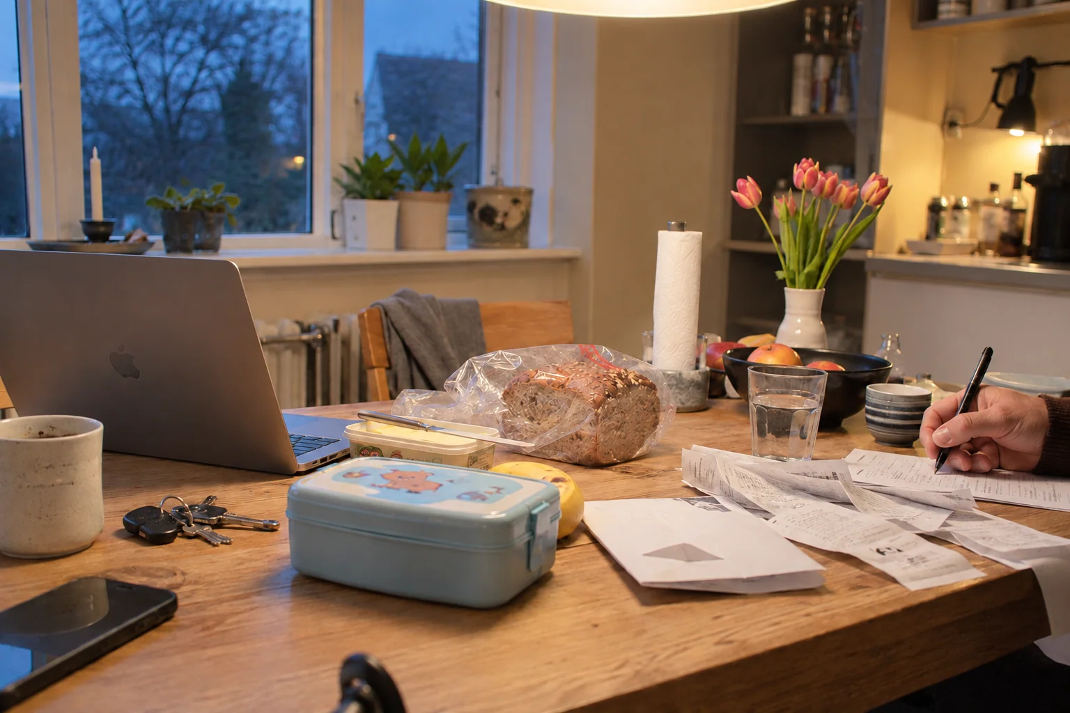 Receipts, letters and a lunchbox on a kitchen table