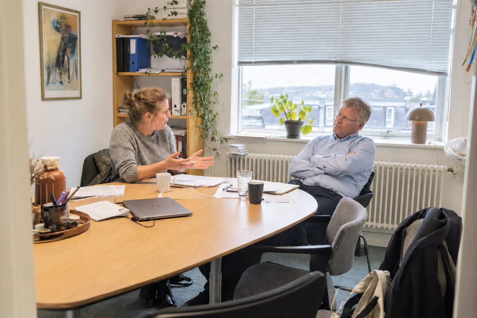 An adviser explaining documents to a client in a meeting room