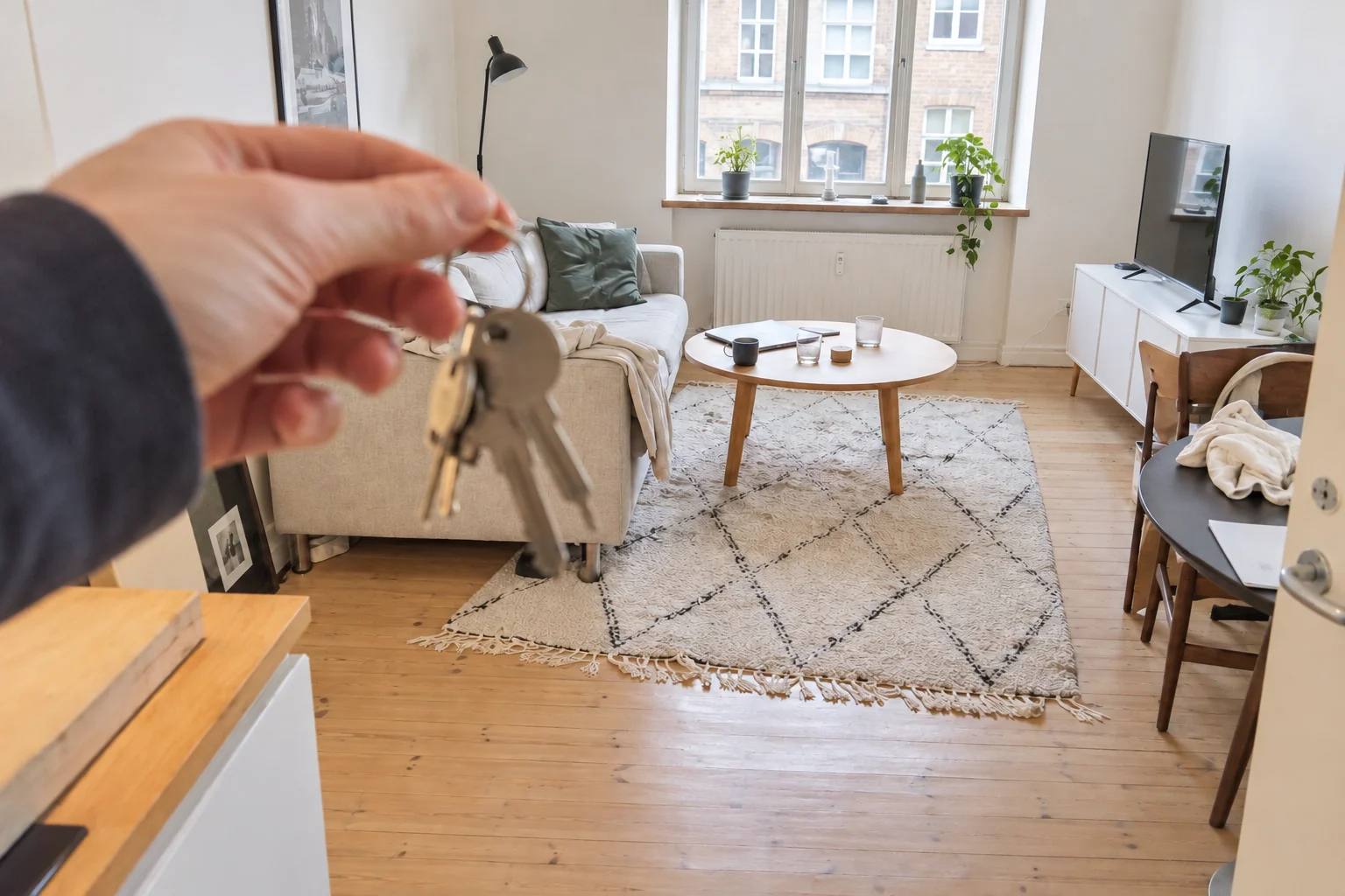 A hand offering house keys in a small apartment